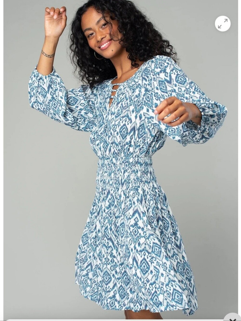 Lovestitch Blue Ikat Smocked Waist mini Women's Dress.  Size S